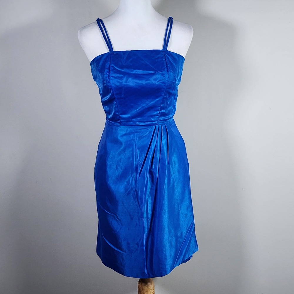 VTG 80s Satin Cocktail Dress Womens XS Blue Pleated Sheath Formal Party Disco